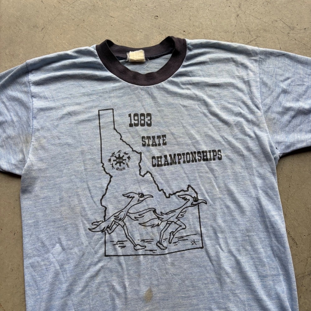 Vintage 1983 Idaho State Championships Ringer T-Shirt Blue Roadrunner Medium